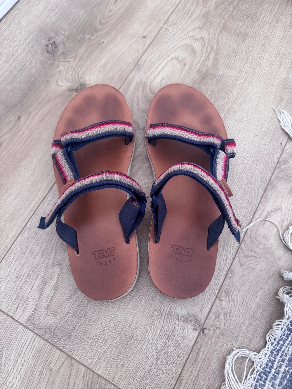 Teva Leather Footbed Sandals with Navy and Red Accents